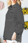 Black Striped Collared Button Up Front Pocket Top