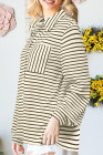 Brown Black Striped Collared Button Up Front Pocket Top