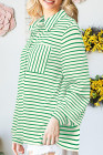 Blackish Green Black Striped Collared Button Up Front Pocket Top