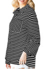 Black Striped Collared Button Up Front Pocket Top