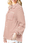 Fiery Red Black Striped Collared Button Up Front Pocket Top