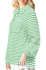 Blackish Green Black Striped Collared Button Up Front Pocket Top