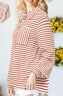 Fiery Red Black Striped Collared Button Up Front Pocket Top