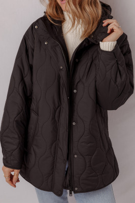 Black Quilted Hooded Zip Up Snap Button Puffer Jacket LC8513563-P2