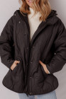 Black Quilted Hooded Zip Up Snap Button Puffer Jacket
