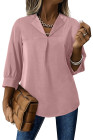 Pink Women Simple And Fashionable Elegant Commuting Shirt With Turn-Down Collar And Three-Quarter Sleeves
