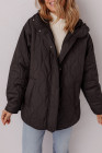 Black Quilted Hooded Zip Up Snap Button Puffer Jacket