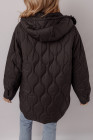 Black Quilted Hooded Zip Up Snap Button Puffer Jacket