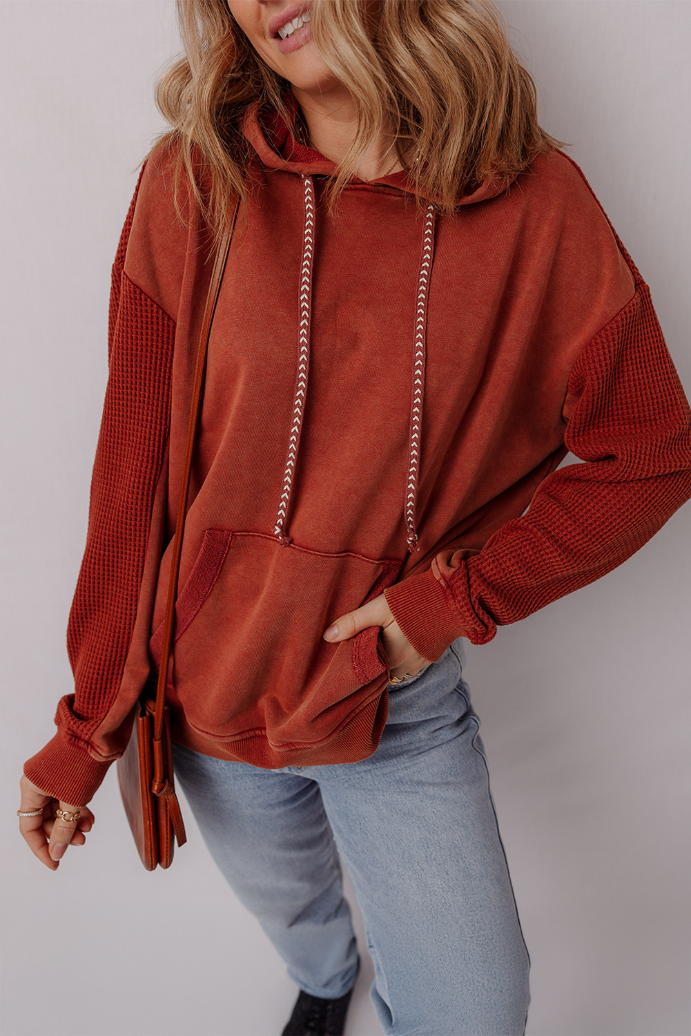 EVALESS Hoodies for Women Long Sleeve Patchwork Waffle Knit Drawstring Oversized Hooded Sweatshirt Tops Fashion 2025