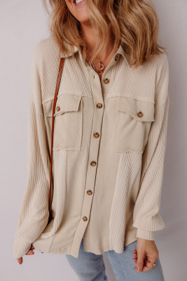 Beige Corded Patchwork Flap Pocket Butter Up Shacket LC854879-P15