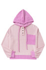 Light Pink Corded Colorblock Patch Pocket Drawstring Hooded Top
