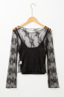 Black Lace Mesh Crochet Splicing Slim Fit Long Sleeve Blouse