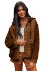 Coffee Quilted Textured Patchwork Loose Fit Hooded Jacket