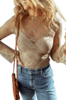 Apricot Lace Mesh Crochet Splicing Slim Fit Long Sleeve Blouse