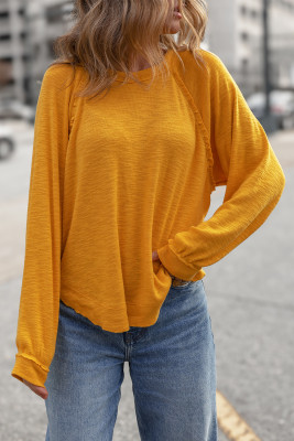 Jurassic Gold Frilly Trim Raglan Long Sleeve Raw Hem Top LC25131001-P807