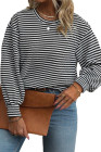 Black Stripe Round Neck Drop Shoulder Long Sleeve Top