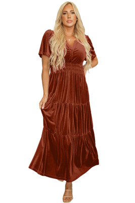 Chestnut Velvet Short Sleeve Shirred Waist Tiered Maxi Dress LC6121808-P2017