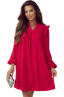 Fiery Red Textured Ruffled Trim V Neck Loose Fit Mini Dress