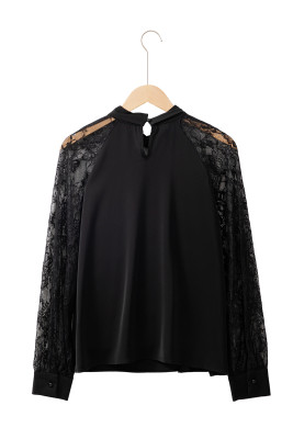 Black Keyhole Neckline Floral Lace Raglan Sleeve Blouse LC25129886-P2