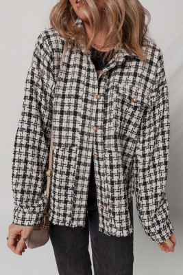Black Plaid Flap Pocket Frayed Edge Casual Shacket LC854886-P222