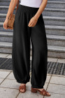 Black Shirred Wide Waistband Casual Textured Linen Pants