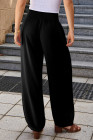 Black Shirred Wide Waistband Casual Textured Linen Pants