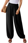 Black Shirred Wide Waistband Casual Textured Linen Pants