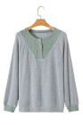 Light Grey Color Contrast Ribbed Loose Fit Long Sleeve Top