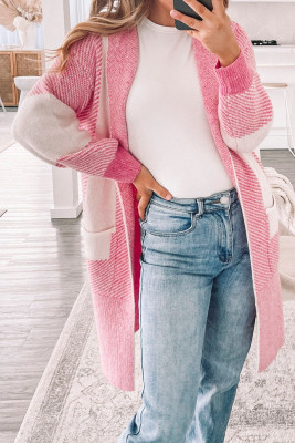 Pink Trendy Stripe Color Block Knit Open Front Midi Sweater Cardigan LC2712153-P10