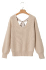 Apricot Lantern Sleeve V Neck Knot Back Sweater