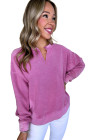 Bright Pink Solid Color Notched Neck Drop Shoulder Sweatshirt