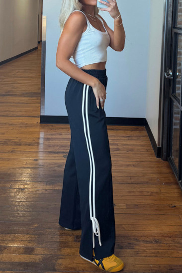 Black High Rise Colorblock Stripe Knot Side Straight Leg Pants LC7713449-P2