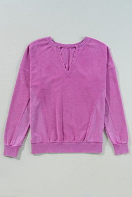 Bright Pink Solid Color Notched Neck Drop Shoulder Sweatshirt LC25317697-P106
