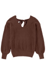 Coffee Lantern Sleeve V Neck Knot Back Sweater