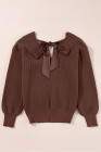 Coffee Lantern Sleeve V Neck Knot Back Sweater