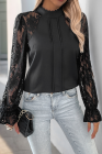 Black Summer temperament commuter lace splicing round neck long sleeve pullover shirt