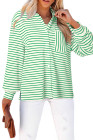 Blackish Green Black Striped Collared Button Up Front Pocket Top