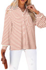 Fiery Red Black Striped Collared Button Up Front Pocket Top