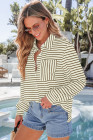 Brown Black Striped Collared Button Up Front Pocket Top