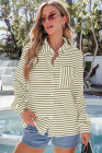 Brown Black Striped Collared Button Up Front Pocket Top