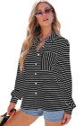 Black Striped Collared Button Up Front Pocket Top