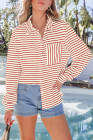 Fiery Red Black Striped Collared Button Up Front Pocket Top
