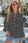 Black Striped Collared Button Up Front Pocket Top