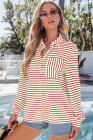 Fiery Red Black Striped Collared Button Up Front Pocket Top