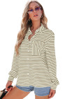Brown Black Striped Collared Button Up Front Pocket Top