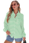 Blackish Green Black Striped Collared Button Up Front Pocket Top