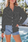 Black Striped Collared Button Up Front Pocket Top