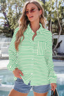 Blackish Green Black Striped Collared Button Up Front Pocket Top