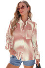 Fiery Red Black Striped Collared Button Up Front Pocket Top