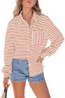 Fiery Red Black Striped Collared Button Up Front Pocket Top